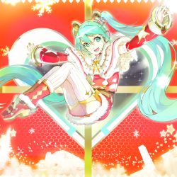 Rule 34 | 119, 1girl, 1ten, belt, boots, detached sleeves, green eyes, green hair, hatsune miku, headphones, heart, highres, long hair, matching hair/eyes, outstretched arms, skirt, solo, spread arms, striped clothes, striped thighhighs, thighhighs, twintails, vertical-striped clothes, vertical-striped thighhighs, very long hair, vocaloid