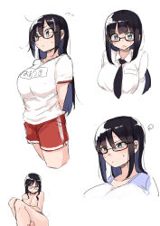 Rule 34 | 1girl, black hair, black neckwear, blue eyes, blush, breasts, closed mouth, collared shirt, cowboy shot, flying sweatdrops, gym shorts, gym uniform, highres, large breasts, long hair, long sleeves, multiple views, name tag, necktie, nude, original, red shorts, rucchiifu, school uniform, shirt, short sleeves, shorts, simple background, squiggle, standing, sweat, white background, white shirt, wing collar