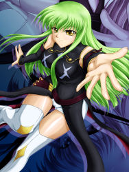 Rule 34 | 00s, 1girl, boots, breasts, c.c., code geass, detached sleeves, female focus, green hair, highres, long hair, panties, sitting, solo, tanan, thigh boots, thighhighs, underwear, yellow eyes
