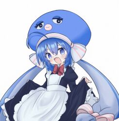 Rule 34 | 1girl, 7takada, ahoge, alternate costume, apron, black dress, blue eyes, blue hair, blue hat, blurry, bow, bowtie, braid, cowboy shot, depth of field, dress, eel hat, enmaided, fang, flat chest, frilled apron, frills, hair bow, hat, highres, juliet sleeves, long hair, long sleeves, low-braided long hair, low-tied long hair, maid, maid apron, open mouth, otomachi una, petticoat, puffy sleeves, red bow, red bowtie, sidelocks, simple background, skirt hold, solo, twin braids, twintails, vocaloid, white apron, white background