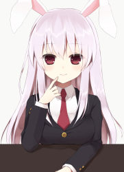 Rule 34 | 1girl, animal ears, blazer, breasts, female focus, finger to face, hand on own face, jacket, light purple hair, long hair, medium breasts, necktie, purin jiisan, purple hair, rabbit ears, red eyes, red necktie, reisen udongein inaba, simple background, smile, solo, touhou, white background