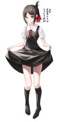 1girl absurdres black_dress black_hair blush closed_mouth commentary_request dress folded_ponytail full_body highres kaguya-sama_wa_kokurasetai_~tensai-tachi_no_renai_zunousen~ kneehighs looking_at_viewer neck_ribbon no_shoes parted_bangs red_eyes red_ribbon ribbon school_uniform shinomiya_kaguya shirt short_sleeves skirt_hold sleeveless sleeveless_dress socks solo standing tada_(pixiv41160771) translation_request v-shaped_eyebrows white_shirt