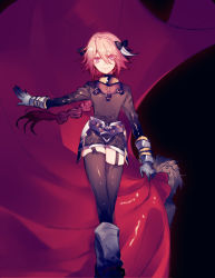 Rule 34 | 1boy, armor, astolfo (fate), black bow, black shirt, black skirt, black thighhighs, boots, bow, braid, buckle, cloak, unworn cloak, closed mouth, commentary request, crossed legs, dot nose, emblem, eyelashes, eyes visible through hair, fang, fate/apocrypha, fate (series), faulds, fur-trimmed cloak, fur collar, fur trim, garter straps, gauntlets, gorget, hair between eyes, hair bow, hair intakes, hand up, highres, holding, holding clothes, lips, long hair, long sleeves, looking at viewer, male focus, miniskirt, multicolored hair, outstretched arm, parted bangs, pink hair, purple eyes, red cloak, shirt, single braid, skirt, smile, solo, standing, streaked hair, thighhighs, trap, turtleneck, two-tone hair, very long hair, watson cross, white footwear, white hair, zettai ryouiki