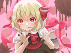 Rule 34 | 1girl, :p, black nails, blonde hair, bow, bowtie, chocolate, chocolate on face, crossed bangs, food, food on face, hair ribbon, hands up, heart, heart background, highres, leaning forward, looking at viewer, nail polish, pink background, pink eyes, red bow, red bowtie, red ribbon, ribbon, rumia, shirt, short hair, short sleeves, skirt, solo, tongue, tongue out, touhou, user wsuy8554, vest