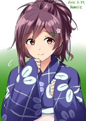 Rule 34 | 1girl, ahoge, alternate costume, brown eyes, commentary request, gradient background, green background, hagikaze (kancolle), hair ornament, hairclip, highres, japanese clothes, kamelie, kantai collection, kimono, leaf print, long hair, looking at viewer, one-hour drawing challenge, print kimono, purple hair, purple kimono, smile, solo, upper body, white background, yellow eyes, yukata
