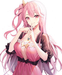 Rule 34 | 1girl, artist name, blush, breasts, c:, cleavage, collarbone, commentary request, dress, emily stock, hair between eyes, highres, jewelry, light particles, long hair, looking at viewer, medium breasts, necklace, one side up, original, pink dress, pink eyes, pink hair, ririko (zhuoyandesailaer), short sleeves, simple background, smile, solo, white background, x fingers