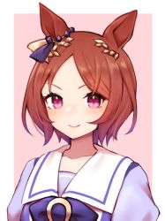 Rule 34 | 1girl, absurdres, animal ears, brown hair, closed mouth, hair ornament, highres, horse ears, kinakonato, looking at viewer, pink eyes, portrait, purple shirt, sailor collar, sakura laurel (umamusume), school uniform, shirt, short hair, smile, solo, symbol-shaped pupils, tracen school uniform, two-tone background, umamusume