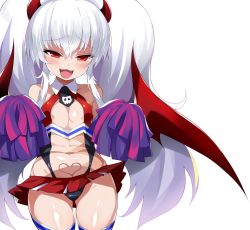 Rule 34 | 1girl, black panties, blush, breasts, cheerleader, cleavage, cleavage cutout, clothing cutout, commentary request, crop top, demon girl, demon horns, demon wings, grim aloe, highleg, highleg panties, highres, horns, long hair, microskirt, midriff, miniskirt, navel, open mouth, panties, pom pom (cheerleading), quiz magic academy, quiz magic academy the world evolve, red eyes, red skirt, shimejinameko, shirt, simple background, skirt, sleeveless, sleeveless shirt, small breasts, smile, solo, thighhighs, thighs, twintails, underwear, very long hair, white background, white hair, white thighhighs, wings