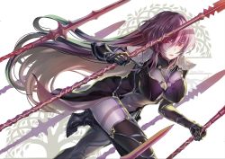 Rule 34 | 1girl, absurdres, armor, bodysuit, breasts, fate/grand order, fate (series), hair between eyes, high heels, highres, holding, holding polearm, holding spear, holding weapon, large breasts, long hair, looking at viewer, natsujiru, polearm, red eyes, scathach (fate), shoulder armor, simple background, solo, spear, weapon, white background