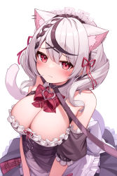 Rule 34 | 1girl, absurdres, animal ears, apron, belt, black belt, black collar, black hair, blush, bow, braid, breasts, buckle, cat ears, cat tail, cleavage, closed mouth, collar, deaver, detached sleeves, ear piercing, frills, from above, hairband, heart, heart-shaped buckle, heart pendant, highres, hololive, large breasts, leash, looking at viewer, looking up, maid apron, maid headdress, multicolored hair, piercing, plaid, plaid bow, red eyes, red ribbon, ribbon, sakamata chloe, solo, streaked hair, tail, tearing up, upper body, virtual youtuber, white hair