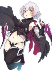Rule 34 | 1girl, absurdres, armpits, bandages, bare shoulders, beriko (dotera house), black panties, black thighhighs, boots, breasts, dual wielding, fang, fate/apocrypha, fate (series), fingerless gloves, gloves, green eyes, groin, highres, holding, holding weapon, jack the ripper (fate/apocrypha), knife, legs up, looking to the side, navel, panties, scar, short hair, silver hair, solo, thigh boots, thighhighs, torn clothes, underwear, weapon, white background