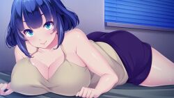 Rule 34 | 1girl, :&gt;, ass, bare shoulders, window blinds, blue hair, blush, breast press, breasts, cleavage, closed mouth, eyebrows hidden by hair, female focus, game cg, green eyes, hair between eyes, indoors, large breasts, legs, looking at viewer, lying, nonomiya himari, on stomach, original, shiokonbu, short hair, shorts, sister lesson, sleeveless, smile, solo, sweat, thighs