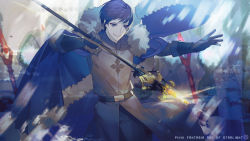 Rule 34 | 1boy, belt, black gloves, blue cape, blue eyes, blue hair, blurry, blurry background, cape, copyright name, fur trim, gloves, highres, holding, holding staff, looking at viewer, magic, male focus, pixiv fantasia, pixiv fantasia age of starlight, rezia, solo, staff, standing, sun wizard solar