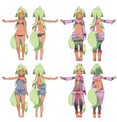 Rule 34 | 1girl, ahoge, animal ears, ass, bad id, bad twitter id, bikini, blush, brown eyes, character sheet, closed mouth, collar, dark skin, dog ears, dog girl, dog tail, done (donezumi), ears down, expressionless, flat chest, full body, green hair, highres, inactive account, large tail, long hair, looking at viewer, lowleg, lowleg bikini, multiple views, navel, original, short hair, short ponytail, simple background, swimsuit, tail, titi-chan (nezumi inu), twintails, white background