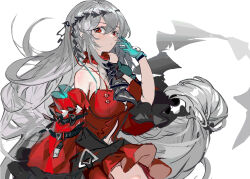 Rule 34 | 1girl, aqua gloves, arknights, ascot, bare shoulders, black ascot, blush, breasts, clothing cutout, commentary, detached sleeves, dress, fish, gloves, grey hair, hand up, headgear, highres, large breasts, long hair, long sleeves, looking at viewer, navel cutout, no headwear, official alternate costume, red dress, red eyes, rixingyisha, short dress, sideways glance, simple background, skadi (arknights), skadi the corrupting heart (arknights), solo, thigh strap, thighs, very long hair, white background