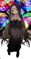 Rule 34 | 1girl, bad id, bad pixiv id, brown hair, full body, gambe, habit, highres, jewelry, long hair, looking at viewer, necklace, nun, original, own hands clasped, own hands together, praying, red eyes, robe, sitting, solo, stained glass, traditional nun