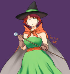Rule 34 | 1girl, artist name, black hat, breasts, brown gloves, cape, cleavage, dated, dragon quest, dragon quest iii, dress, earrings, gloves, green dress, hat, holding, holding staff, jewelry, large breasts, looking at viewer, mage (dq3), orange hair, purple background, short hair, simple background, solo, staff, tsukudani (coke-buta)
