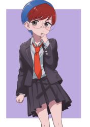 Rule 34 | 1girl, black skirt, blue hair, border, clenched hand, collared shirt, creatures (company), female focus, formal, game freak, glasses, grey eyes, highres, jacket, looking at viewer, multicolored hair, necktie, nintendo, outside border, penny (pokemon), pleated skirt, pokemon, pokemon sv, purple background, red hair, red necktie, round eyewear, shirt, shirt tucked in, short hair, skirt, solo, tankobukids, two-tone hair, white border, white shirt