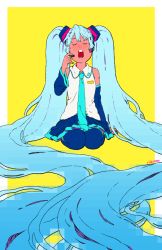 Rule 34 | 1girl, absurdly long hair, aqua hair, aqua nails, aqua necktie, artist name, closed eyes, collared shirt, detached sleeves, hatsune miku, holding, holding microphone, kneeling, long hair, microphone, nail polish, necktie, open mouth, pleated skirt, rii abrego, shirt, signature, skirt, sleeveless, solo, thighhighs, twintails, very long hair, vocaloid, white shirt, yellow background