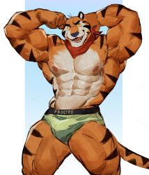 Rule 34 | 1boy, abs, absurdres, armpits, bara, biceps, black fur, bulge, flexible, foot out of frame, furry, furry male, highres, kellogg&#039;s, large pectorals, looking to the side, male focus, male underwear, manly, mature male, multicolored fur, muscular, muscular male, nipples, o reowoof, open mouth, orange fur, pectorals, scarf, smile, solo, teeth, thick arms, thick eyebrows, thick thighs, thighs, tiger boy, tiger stripes, tongue, tony the tiger, underwear