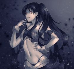Rule 34 | 1girl, ark ford, armband, black bra, black hair, black panties, bra, collarbone, earrings, fate/grand order, fate (series), fingerless gloves, floating hair, gesugao, gloves, grey background, grin, hair intakes, hand on own hip, highres, ishtar (fate), jewelry, long hair, looking at viewer, midriff, navel, panties, red eyes, signature, smile, solo, space ishtar (second ascension) (fate), stomach, twintails, underwear, upper body, very long hair, white gloves, wrist cuffs