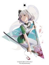 Rule 34 | 1girl, adapted costume, black hairband, black ribbon, breasts, cherry blossoms, chinese commentary, commentary request, copyright name, dual wielding, green eyes, green shorts, hair ribbon, hairband, hand up, highres, hitodama, holding, holding sword, holding weapon, katana, konpaku youmu, konpaku youmu (ghost), neck ribbon, petals, reeh (yukuri130), reverse grip, ribbon, sailor collar, short hair, short shorts, short sleeves, shorts, silver hair, simple background, small breasts, solo, sword, thighhighs, thighs, touhou, touhou hisoutensoku, weapon, white background, white sailor collar, white thighhighs