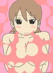 Rule 34 | 1girl, arms behind back, blush, breasts, brown hair, bubble filter, censored, closed mouth, convenient censoring, grey eyes, large breasts, looking at viewer, nude, original, pink background, short hair, simple background, smile, solo, upper body, ura basi2
