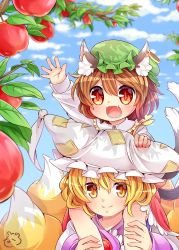 Rule 34 | 2girls, animal ears, animal hat, apple, apple tree, blonde hair, blue sky, blurry, brown hair, carrying, cat ears, chen, cloud, day, depth of field, dress, earrings, fang, food, fox tail, fruit, green hat, hand on another&#039;s head, hat, highres, ibaraki natou, jewelry, long sleeves, looking at viewer, mob cap, multiple girls, multiple tails, open mouth, outdoors, red eyes, red skirt, short hair, signature, sitting on shoulder, skirt, sky, smile, tabard, tail, tassel, teeth, tongue, touhou, tree, two tails, white dress, wide-eyed, yakumo ran