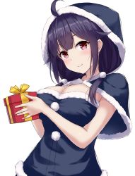 Rule 34 | 1girl, ahoge, blush, box, breasts, capelet, christmas, cleavage, fur trim, gift, gift box, hat, highres, holding, holding gift, kantai collection, large breasts, long hair, looking at viewer, low twintails, monoku, purple hair, red eyes, santa costume, santa hat, smile, solo, taigei (kancolle), twintails, upper body