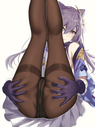 Rule 34 | 1girl, ass, ass grab, bare shoulders, black panties, black pantyhose, blush, cameltoe, cone hair bun, double bun, eleaaa, feet, frilled gloves, frilled skirt, frilled sleeves, frills, genshin impact, gloves, grabbing own ass, hair bun, hair ornament, highres, keqing (genshin impact), legs, legs up, lying, on back, panties, pantyhose, purple eyes, purple hair, resolution mismatch, see-through, simple background, skirt, sleeveless, solo, source larger, spread ass, thighs, underwear, white background