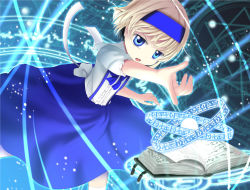 Rule 34 | a (aaaaaaaaaaw), alice margatroid, alice margatroid (pc-98), blonde hair, blue eyes, book, dress, glowing, hairband, layered dress, light trail, looking at viewer, magic circle, open book, open mouth, pointing, ribbon, short hair, short sleeves, skirt, solo, suspender skirt, suspenders, touhou, touhou (pc-98)