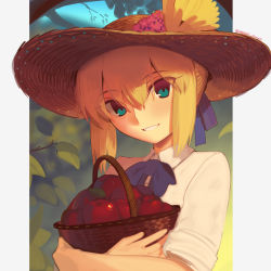 Rule 34 | 1girl, apple, artoria pendragon (all), artoria pendragon (fate), basket, blonde hair, blush, boa (brianoa), breasts, fate/stay night, fate (series), food, fruit, green eyes, hat, highres, long hair, looking at viewer, saber (fate), shirt, short sleeves, sidelocks, smile, solo, straw hat, white shirt