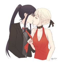Rule 34 | 2girls, bare shoulders, belt, belt buckle, belt collar, black belt, black hair, black ribbon, blush, breasts, buckle, buttons, cleavage, closed eyes, collar, collared shirt, commentary request, dress, facing another, hair ribbon, hair up, highres, inoue takina, jacket, kiss, lapels, long hair, long sleeves, lycoris recoil, medium breasts, misuzu (iridescence), multiple girls, necktie, necktie grab, neckwear grab, nishikigi chisato, notched lapels, open clothes, open jacket, ponytail, red dress, red necktie, ribbon, shirt, sidelocks, simple background, sleeveless, twitter username, upper body, white background, yuri
