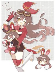 Rule 34 | 1girl, 2023, :3, ;d, amber (genshin impact), baron bunny (genshin impact), belt, boots, brown gloves, brown hair, brown shorts, chibi, chibi inset, commentary request, foot out of frame, genshin impact, gloves, goggles, goggles on head, hair ribbon, hatsushiro mamimu, highres, holding, long hair, long sleeves, looking at viewer, notice lines, one eye closed, open mouth, red gloves, red ribbon, red thighhighs, ribbon, shorts, shrug (clothing), smile, thigh belt, thigh boots, thigh strap, thighhighs, two-tone gloves, white footwear