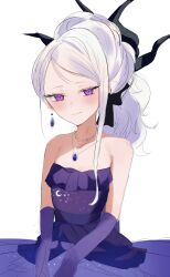 Rule 34 | 1girl, black horns, blue archive, blush, closed mouth, demon horns, dress, elbow gloves, gloves, grey hair, halo, highres, hina (blue archive), hina (dress) (blue archive), horns, long hair, multiple horns, official alternate costume, official alternate hairstyle, purple dress, purple eyes, showtime775, simple background, sketch, smile, solo, strapless, strapless dress, white background