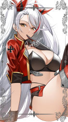 Rule 34 | 1girl, azur lane, black gloves, breasts, brown eyes, cleavage, finger to mouth, gloves, hair between eyes, hair ribbon, highres, large breasts, long hair, looking at viewer, prinz eugen (azur lane), race queen, red ribbon, ribbon, shizuko hideyoshi, simple background, sitting, solo, twintails, white background, white hair