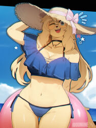 Rule 34 | 00niine, 1girl, :d, absurdres, animal nose, arm behind back, arm up, bare shoulders, bikini, black choker, blonde hair, blue bikini, blue eyes, blue sky, bow, breasts, brown hat, choker, cleavage, cloud, cowboy shot, dated, day, dog girl, dog tail, dutch angle, frilled bikini, frills, furry, furry female, glasses, hat, hat bow, highres, holding, holding swim ring, horizon, innertube, jewelry, large breasts, legs together, navel, necklace, one eye closed, open mouth, original, outdoors, outline, pink bow, round eyewear, side-tie bikini bottom, sidelocks, signature, sky, smile, solo, standing, star (symbol), straw hat, swim ring, swimsuit, tail, teeth, thigh gap, twitter username, upper teeth only, white outline, wide hips, yellow fur