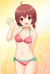 Rule 34 | 1girl, absurdres, ahoge, alternative girls, arm behind back, bare arms, bikini, breasts, brown eyes, brown hair, cleavage, highres, looking at viewer, official art, open hand, open mouth, salute, short hair, smile, solo, star (symbol), star print, swimsuit, yellow background, yuuki miyaka