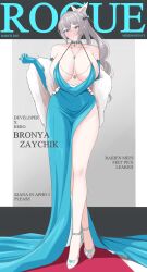 Rule 34 | 1girl, 2023, absurdres, artist name, bare shoulders, blue dress, blue gloves, blush, breasts, bronya zaychik, bronya zaychik (silverwing: n-ex), character name, cleavage, closed mouth, collarbone, commentary, cover, dress, drill hair, english commentary, english text, full body, gloves, grey eyes, grey hair, hair ornament, high heels, highres, honkai (series), honkai impact 3rd, jewelry, large breasts, legs, long hair, looking at viewer, magazine cover, milkman29, necklace, sleeves past elbows, solo, standing, very long hair, white footwear