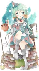 Rule 34 | 1girl, :o, animal, aqua background, bad id, bad pixiv id, bloomers, blush, boots, brick wall, broom, cat, commentary request, detached collar, dress, food-themed hair ornament, ghost, green eyes, green hair, hair between eyes, hair ornament, halloween, hat, head tilt, heart, highres, holding, jack-o&#039;-lantern, knee boots, long hair, long sleeves, looking at viewer, low twintails, mini hat, multicolored clothes, multicolored dress, original, parted lips, pumpkin hair ornament, ringlets, silver footwear, sitting, skull, solo, star (symbol), tsukiyo (skymint), twintails, underwear, very long hair, white background, white bloomers, wizard hat