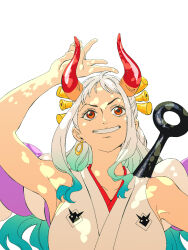 Rule 34 | 1girl, breasts, curled horns, dappled sunlight, earrings, gradient hair, green hair, hair ornament, highres, horns, japanese clothes, jewelry, kimono, kojima takashi, large breasts, long hair, multicolored hair, multicolored horns, one piece, oni, orange eyes, red horns, simple background, sleeveless, smile, solo, sunlight, teeth, tree shade, white background, white hair, yamato (one piece)