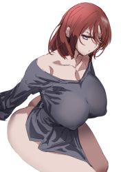 Rule 34 | 1girl, aged up, ass, bow (bhp), breasts, closed mouth, expressionless, grey shirt, large breasts, long sleeves, looking at viewer, love live!, love live! school idol project, nishikino maki, no bra, no headwear, no panties, no pants, purple eyes, red hair, shirt, short hair, simple background, sitting, solo, thighs, white background