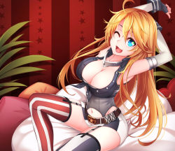 Rule 34 | 10s, 1girl, ;d, ahoge, armpits, arms up, asymmetrical legwear, belt, blonde hair, blue eyes, breasts, cleavage, eyelashes, fang, fingerless gloves, garter straps, gloves, hair between eyes, healther, iowa (kancolle), kantai collection, large breasts, long hair, looking at viewer, miniskirt, mismatched legwear, navel, one eye closed, open mouth, pillow, plant, red background, sitting, skirt, smile, solo, star-shaped pupils, star (symbol), striped background, striped clothes, striped thighhighs, symbol-shaped pupils, thighhighs, vertical-striped clothes, vertical-striped thighhighs, zettai ryouiki
