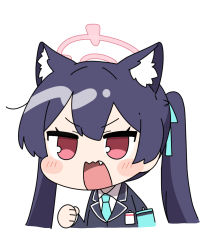Rule 34 | 1girl, animal ear fluff, animal ears, black hair, blazer, blue archive, blue jacket, blue necktie, blush stickers, cat ears, chibi, clenched hand, fang, furrowed brow, halo, id card, jacket, junsuina fujunbutsu, necktie, open mouth, red eyes, serika (blue archive), simple background, solo, twintails, upper body, white background