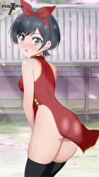 Rule 34 | 1girl, absurdres, ass, back, bare shoulders, black hair, black thighhighs, blue eyes, blush, breasts, china dress, chinese clothes, dress, female focus, from behind, hairband, highres, indexryo, kanojo okarishimasu, large breasts, looking at viewer, looking back, open mouth, outdoors, sarashina ruka, short hair, thighhighs