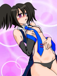 Rule 34 | 1girl, alternate hair color, bare shoulders, black hair, blue eyes, blush, breasts, covering privates, covering breasts, detached sleeves, dutch angle, female focus, gradient background, heterochromia, kaze makase, navel, necktie, open clothes, open shirt, panties, red eyes, shirt, solo, string panties, twintails, underwear, utau, yokune ruko