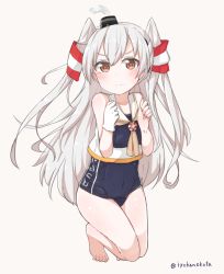 Rule 34 | 1girl, alternate costume, amatsukaze (kancolle), artist name, bare legs, breasts, brown eyes, colored eyelashes, cosplay, crop top, frown, full body, gloves, hair between eyes, i-13 (kancolle), i-13 (kancolle) (cosplay), kantai collection, long hair, looking at viewer, okota mikan, one-piece swimsuit, school swimsuit, school uniform, serafuku, serious, silver hair, single glove, small breasts, solo, swimsuit, thighs, toes, twitter username, two side up, white gloves