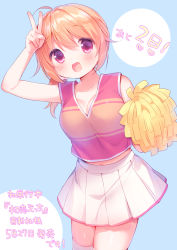 Rule 34 | 1girl, :d, arm up, bare arms, blue background, blush, breasts, cheerleader, cleavage, collarbone, cowboy shot, hair between eyes, heart, holding, leaning to the side, long hair, looking at viewer, medium breasts, midriff peek, navel, open mouth, orange hair, original, pink shirt, pleated skirt, pom pom (cheerleading), purple eyes, shirt, skirt, sleeveless, sleeveless shirt, smile, solo, standing, thighhighs, translation request, usashiro mani, v, white skirt, white thighhighs, zettai ryouiki