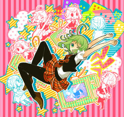 Rule 34 | 1girl, 7:24, ahoge, arms up, black pantyhose, glasses, green eyes, green hair, grin, gumi, highres, looking at viewer, matching hair/eyes, necktie, one eye closed, open mouth, pantyhose, plaid, plaid skirt, school uniform, setsuna trip (vocaloid), shoes, short hair, skirt, smile, solo, vocaloid, wink