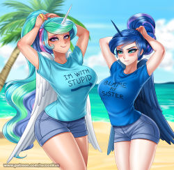 Rule 34 | 2girls, beach, blush, breasts, celestia (my little pony), clothes, cloud, eyeshadow, large breasts, luna (my little pony), makeup, multiple girls, my little pony, my little pony: friendship is magic, nail polish, racoon-kun, sand, shirt, shorts, siblings, sisters, sky, water